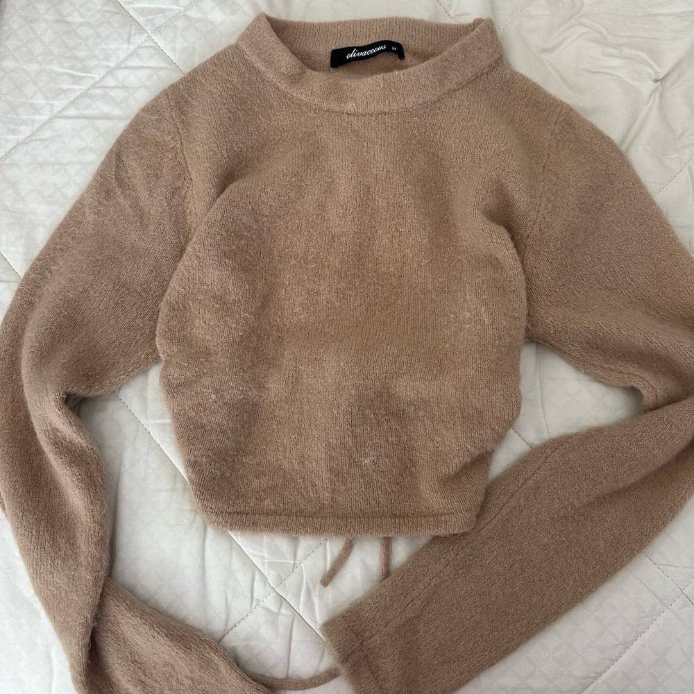 Olivaceous knit open back tie sweater in tan